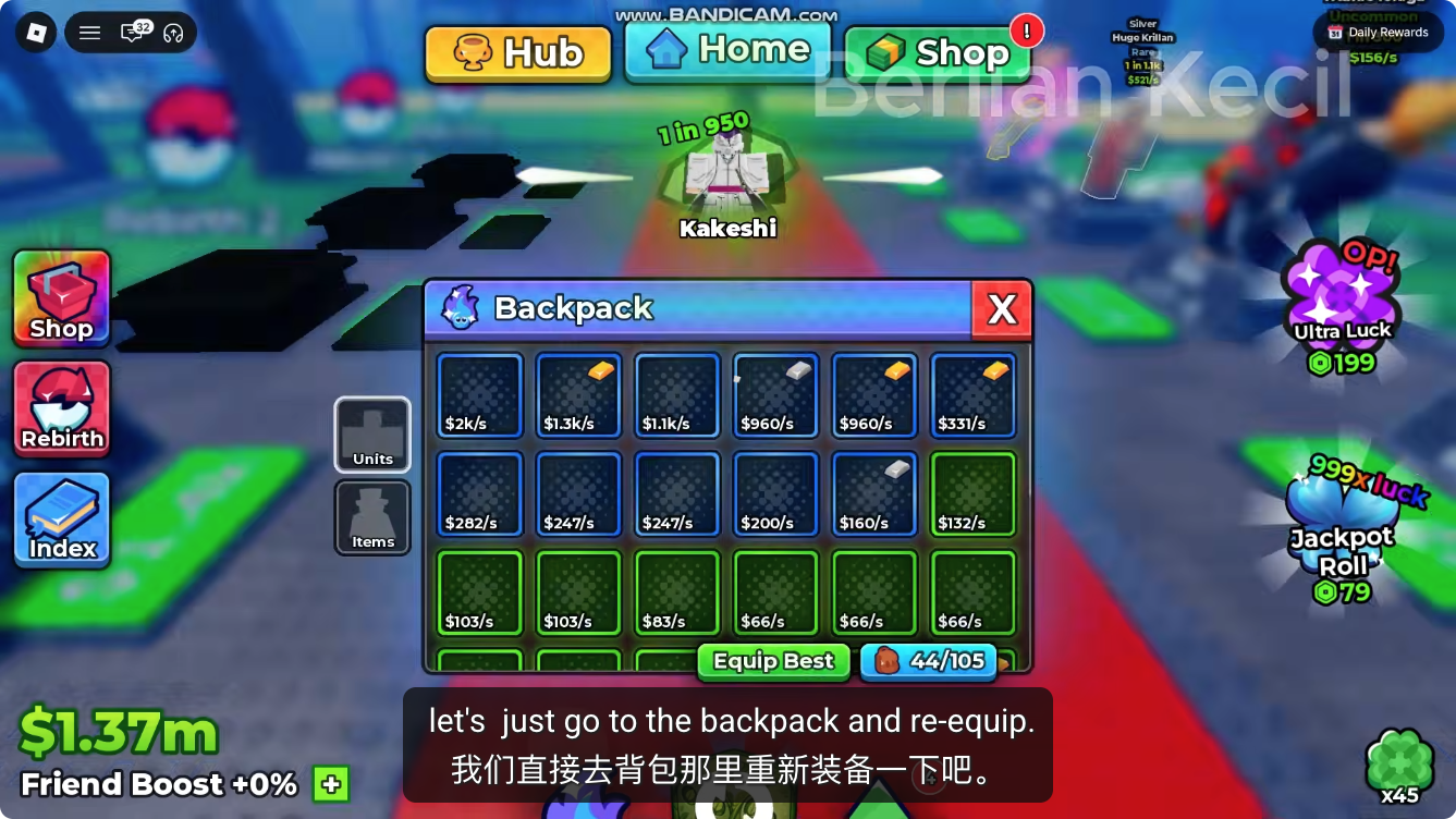Anime Dice Backpack Units grid with income values